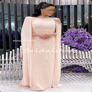 Luxury Pink Arabic Evening Dress With Cape 2023 High Neck Beaded Muslim Prom Dress Caftan Moroccan Formal Party Gowns Vestidos De Fiesta Elegant Women Robe