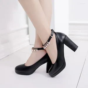 Dress Shoes Women's Wedding String Bead Ankle Strap Elegant Middle High Heel Platform Bridal Pearl Pumps 8cm 2023 Autumn Leather