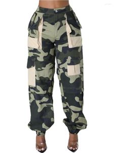 Women's Pants Szkzk Camouflage Print Patch Cargo High Waist Trousers With Pockets Women Green Slacks Night Club Party Sexy Long