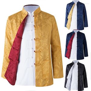 Jaquetas masculinas de manga comprida reversíveis roupas tradicionais chinesas Tang Suit Top primavera masculina jaqueta de seda bordada casaco para