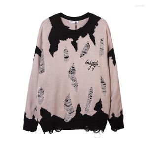 Männer Pullover Harajuku Colorblock Pullover Baggy Washed Destroyed Ripped Strickwaren Für Männer Loch Gestrickte Pullover Frauen Übergroßen