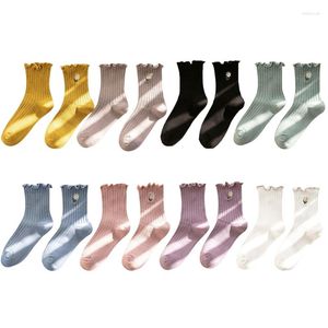 Women Socks 2023 Girls Daisy Floral Embroidery Ankle Ruffles Ribbed Mid Tube Hosiery