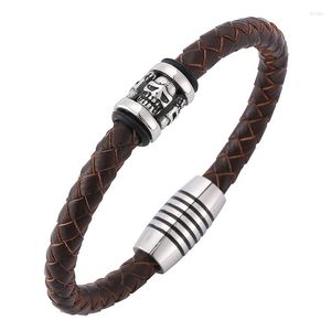 Pulseras con dijes, joyería Vintage, abalorios para hombres, pulsera de cuero trenzado marrón con Calavera, cierres magnéticos de acero inoxidable, muñequera masculina SP0196