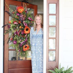 Flores decorativas Decoração para casa rural Simulação de guirlanda Estação de outono Girassol Porta pendurada Decorações na frente de luzes de boas-vindas para