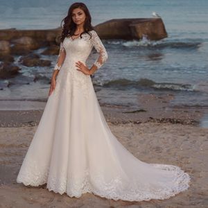 Eleagnt Brautkleider Lange Ärmel V-ausschnitt Spitze Applikationen Brautkleid Sweep Zug Strand Frauen Robe De Mariee Sommer