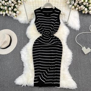 Casual Dresses Black Striped Round Neck Sleeveless Knit Tank Top Skirt Fashionable Waistband Mid Length Split Buttocks Dress