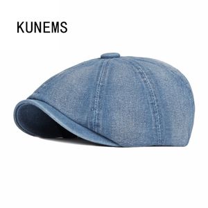 KUNEMS Denim Octagonal Hat for Men Cotton Newsboy Hats Casual Berets Boina Fashion Mens Cap Peaky Blinders Retro Cowboy Hat