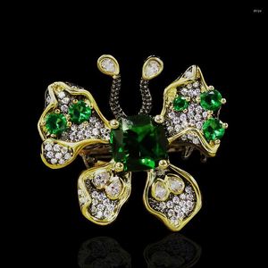 Klustringar Söt/Romantisk Grön Emerald Butterfly Svart Guld Tvåfärgad Zirkon Ring Full Diamant Pärla Kvinnlig Smycken Present