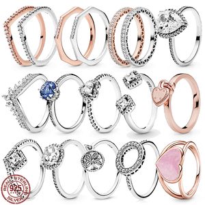 925 Sterling Silver New Fashion Women's Ring Classic Crown Shining Heart Round Ring Suitable for Original Pandora, A Special Gift for Women