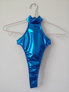 Ny design hög krage kvinnor tjejer One Piece Baddräkt Baddräkt strumpbyxor glänsande metallic Bikini wetlook