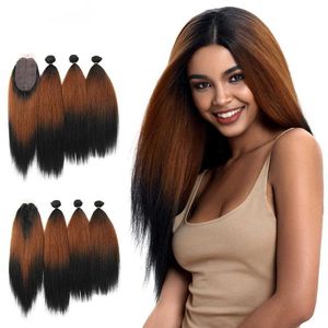 Synthetic Wigs 18-22 Inch Yaki Straight Hair Bundles 6 Lace with Closure Weave Ombre Brown Golden Fake 230227