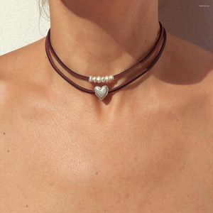 Choker Double-layer Love Collarbone Leather Rope Necklace Retro Simple Metal Beaded Bohemian Beach Ethnic Short For Women