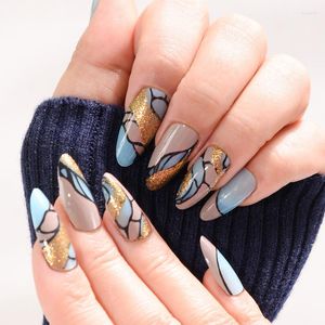 False Nails Designer Gold Glitter Press On Fake Snake Printed Medium Length Artificial Fingernails