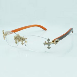 Kreuzdiamant-Brillenrahmen 3524012 mit natürlichen orangefarbenen Holzstäben und 56-mm-klaren Gläsern