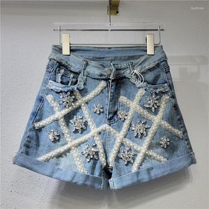 Women's Jeans Denim Shorts Female Summer Korean Style Jean Sweet Heavy Industry Rhinestone Flower Wide Leg Pants Woman