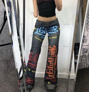 Capris Haruku Y2K Letter Tryckt Jeans Female 2023 Spring New High Street Casual Pants Loose Ins Trend Denim Trousers
