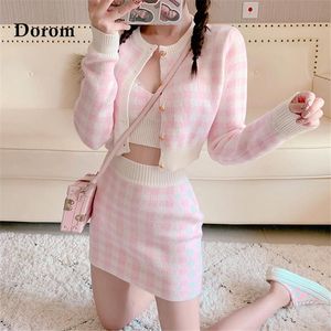 Cardigans Sweet Plaid Threepiece Women's New O Neck Singlebreasted Longsleeved Loose Sweater with Short Strap Two Piece Set Skirt