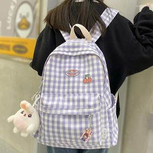 School Bags Trendy Cute Women Lattice Laptop Bag Nylon Lady Kawaii College Backpack Cool Girl Travel Plaid Female Book