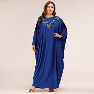 Ethnic Clothing Abaya For Women Blue Muslim Bat Long Sleeve Black And White Tassel Lace Applique Loose Large Swing Dress Dubai Turkish Islam