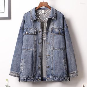 Women's Jackets Autumn Large Medium Length Loose Heavy Embroidered Tassel DDenim Coat