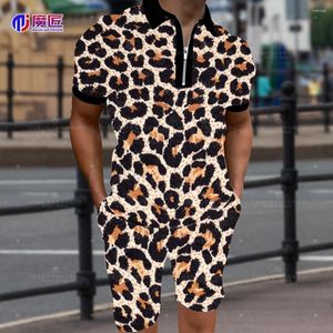 Men's Tracksuits 2023 Summer Leopard Print Colorful 3D Zipper Lapel Shirt Short Sleeve Shorts Suit Sports Hip-Hop 2 Pieces