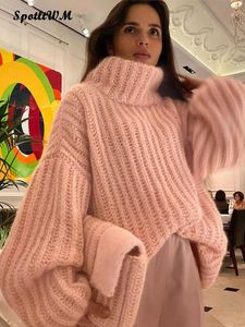 Cardigans High Neck Crochet Knitted Pullover Women Thicken Solid Oversized Jumper 2022 Autumn Winter Warm Korean Female Elegant Sweaters