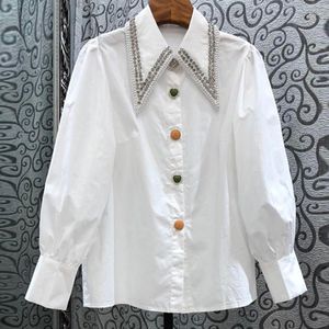 Women's Blouses Spring Fashion Court Style Pointed Collar Beaded Long Sleeve Rhineston White Shirt Ladies Blouse Retro All-match Tops