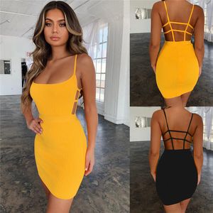 Women Fashion Bodycon Dress Sleeveless O Neck Spaghetti Strap Stretchy Package Hip Short Mini Dress Womens Club Dress Vestidos