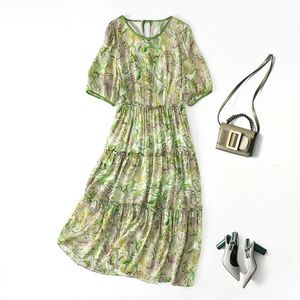 2023 Summer Green Paisley Print Panelled Silk Dress Short Sleeve Round Neck Knee-Length Casual Dresses C3Q04 Plus Size XXL 5089