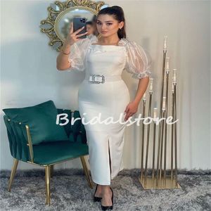 Chic White Arabic Evening Dress 2023 Short Sleeves Midi Length Maxi Prom Dresses Elegant Women Birthday Formal Party Gown Summer Night Graduation Cocktail Dress