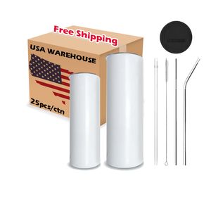 USA US Warehouse Stock White 20oz Water Bottles Straight Sublimation Blanks Stainless Steel Tumblers Cups with Straw and Lid JY08