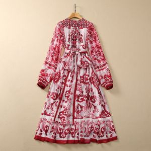 2023 Summer Red Paisley Print Bälte Chiffong Front Split Klänning Långärmad Rundhals Midi Casual Klänningar S3Q060705 Plus Size XXL