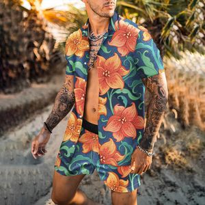 Повседневные модные спортивные костюмы мужчины летние гавайские шорты наборы тропической печати уличная одежда мужская одежда мужская наряды с двумя кусочками 2 куски