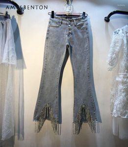 Calça jeans feminina moda primavera e outono com borla diamante cintura alta ajuste fino para emagrecer na altura do tornozelo calça jeans casual