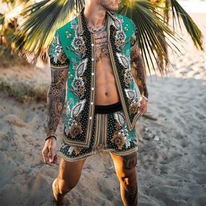 Erkek Terziller Yaz Plajı Moda Çiçek Baskı Erkekler İçin İki Parça Setleri Kısa Kollu Gömlek Şortu