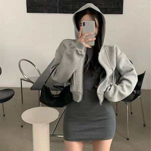 Women's Hoodies Grey Zip Up Crop Sweatshirt Korean Fashion Harajuku Casual Oversize Basic Hoodie Female Autumn Loose Long Sleeve Top