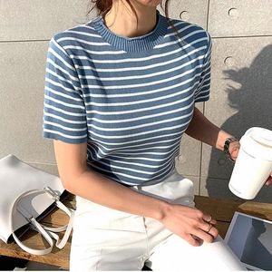 Women's T Shirts Korean Cropped Top Striped Short Sleeve T-shirt Versatile Casual Crew Neck Ice Silk Knit