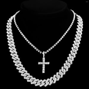 Chains 14 MM Prong Cuban Link Chain Cross Necklace For Men Women Iced Out Bling Miami Full Rhinestone Necklaces Hip Hop Rapper Jewelry
