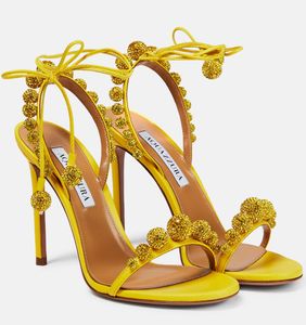 Verão Luxo Aquazzura Disco Dancer Sandálias Sapatos Mulher Lady Pumps Vestido de Festa Casamento Bolas de Cristal Envoltório Tornozelo Gladiador Sandalias EU35-43