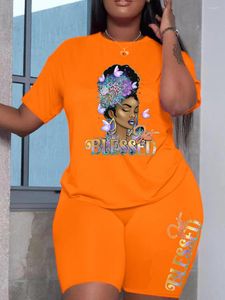 女性のジャージ夏の女性のプリントカジュアル Tシャツ Y2k グラフィックトップショーツセットファム半袖 2 枚女性の日常ストリート