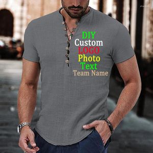 Men's T Shirts 2023 Linen Casual Shirt Plain V-neck Summer Daily Clothing Custom LOGO