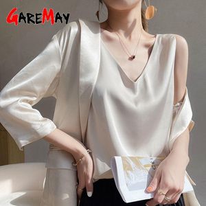 Suits Women's Blouses Yeni Yaz Günlük V Boyun Temel Saten Bluz Top 2023 Gevşek Beyaz Ofis Yeşil İpek Bluzları Kadınlar İçin