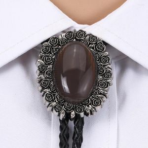 Bow Lase Rose Lace Natural Pine Stone Bolo Tie skórzana linowa lina