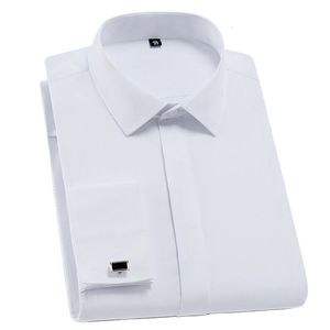 Herrenhemden Weißes Männer-Smokinghemd Regualr Fit Langarm Französische Manschettenknöpfe Luxuriöse formelle Marke Knopfmanschette Business Party Hochzeit 4XL 230707