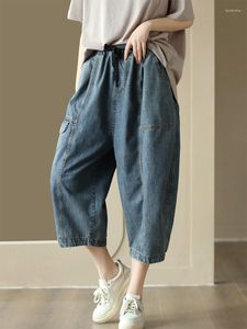 Damjeans Koreanskt mode Klassiskt lösa jeansbyxor Dam Casual Vintage Elastisk midja Harem Byxor tvättade kläder