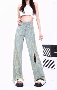 Jeans femme Design trou affligé bord rugueux jambe large été Chic femme rétro taille haute ample droite Denim pantalon