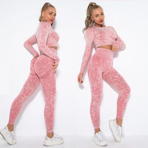 Abito Tute sportive senza cuciture Donna Oneck Crop Top Manica lunga Leggings push up Set Abbigliamento da palestra Estate Due pezzi Set Tuta Feamle