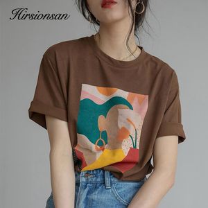 티셔츠 hirsionsan aesthetic printed t 셔츠 여성 2023 새로운 부드러운 빈티지 느슨한 티 추상 그래픽면 Tshirts 여름 캐주얼 탑