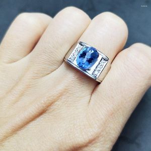 Cluster Rings Men Ring Natural Real Blue Topaz 925 Sterling Silver 2.5CT Gem Fine Jewelry C951513