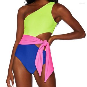 Costumi da bagno da donna Costume intero da donna Costume intero da donna Patchwork multicolore Cinturino con fibbia a farfalla Bikini monospalla Geometrico M